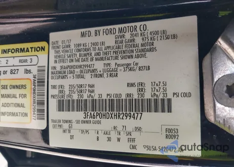 2017 Ford Fusion Se z USA, uszkodzony, nr VIN 3FA6P0HDXHR299477